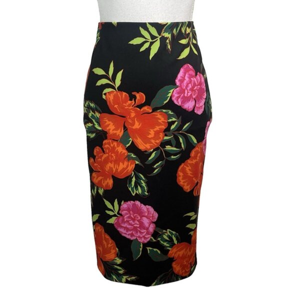 Express Skirt size Small Black Pink Orange Floral Straight Pencil Knee Stretch - Picture 1 of 5